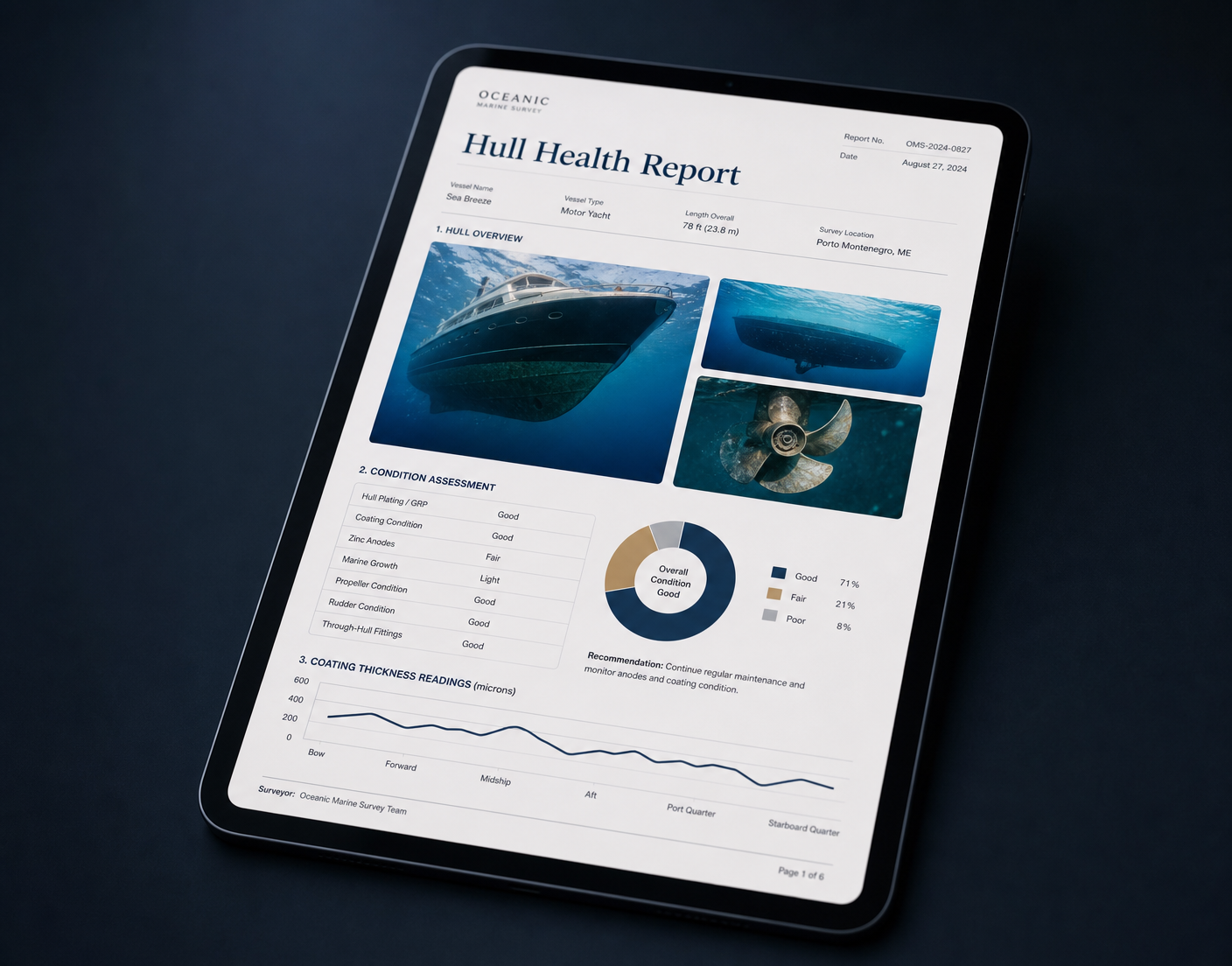 Tablet displaying a professional Hull Health Report with underwater photographs and condition assessment